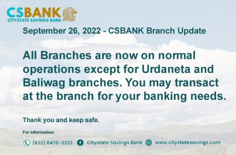 Updated Branch Banking Schedule on September 26, 2022